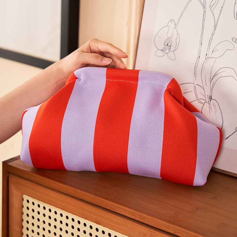 DIHKLCIO Clutch Purses for Women Summer Beach Woven Crochet Handbag Dumpling Striped Ruched Cloud Purse colorblock Evening Bag pink green