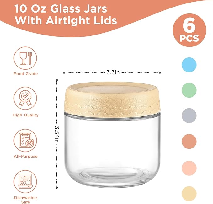 DRKIO 10 Oz Overnight Oats Containers with Lids - 6 Pack Glass Storage Jars with Airtight Lids Wide Mouth Mason Food Jars Great for Meal Prep Salad Chia Pudding Snacks Yogurt Sugar Spice Cereal