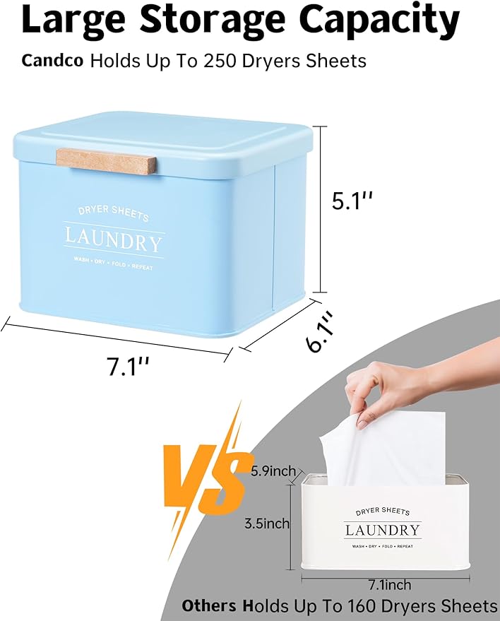 Dryer Sheet Holder with Hinged Lid for Laundry Room Organization, Metal Farmhouse Dryer Sheet Container, Dryer Sheet Box Laundry Room Decor & Accessories (Blue)