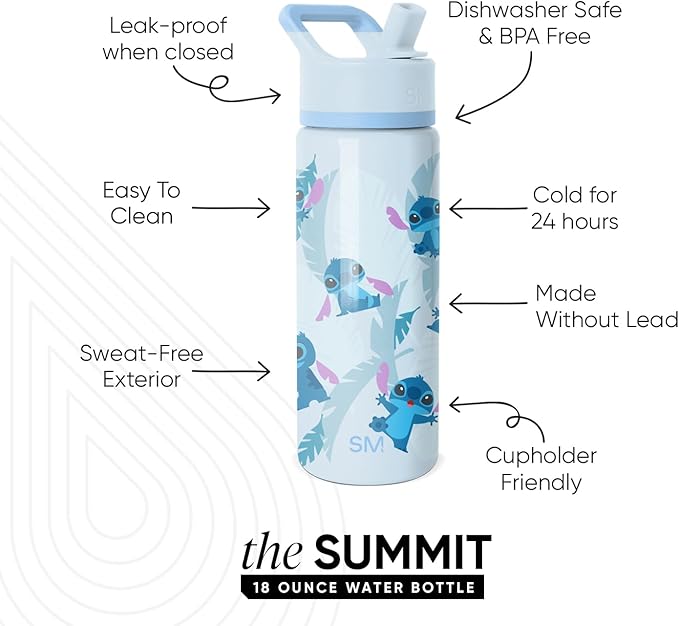 Simple Modern Kids Summit Water Bottle with Straw Lid | Disney Stitch 18oz Stainless Steel Cup Insulated Tumbler for Girls, Boys, School | Tropical Stitch