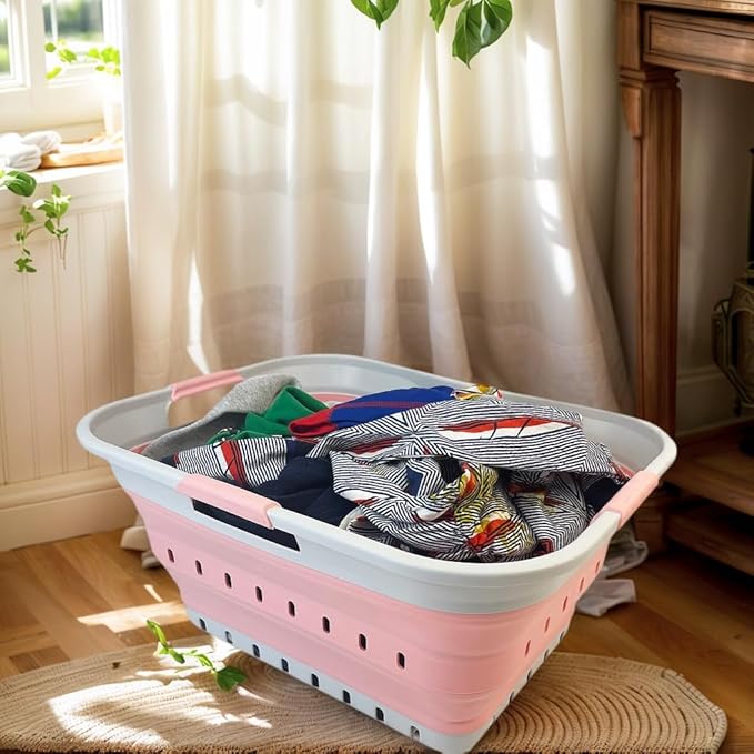 SAMMART 42L (11 gallon) Collapsible Plastic Laundry Basket - Foldable Pop Up Storage Container/Organizer - Space Saving Hamper/Basket (1, Grey/Quartz Pink)
