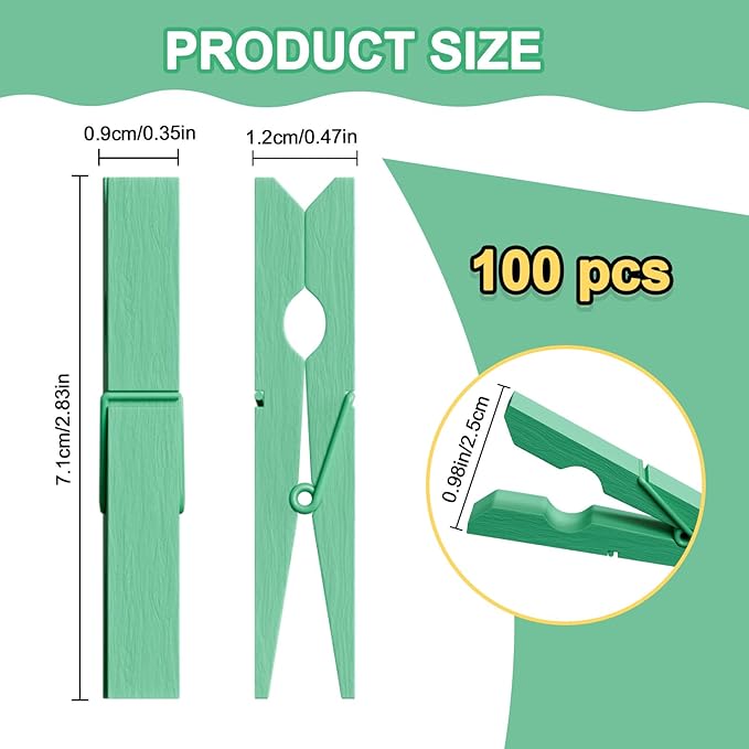 100Pcs Green Clothespins, 2.9 Inch Clothes Pins Wooden, Colorful Clothespins for Hanging Clothes Crafts Picture Laundry