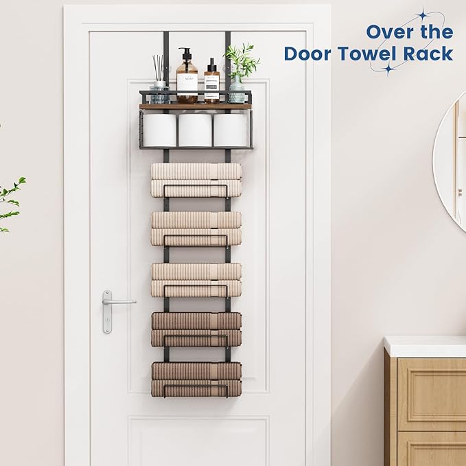 Towel Racks for Bathroom Over The Door Towel Racks Towel Storage Organizer with Metal Shelf Basket for Bathroom Rv Camper (7-Tier Black with Brown Plank)