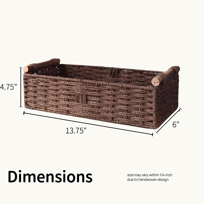 Toilet Tank Basket, Brown Wicker Toilet Paper Storage Basket (Holds 2 Rolls), Handwoven Paper Rope Bathroom Basket Organizer with Wooden Handles, Basket for Top of Toilet, Over Toilet Shelf & Counter