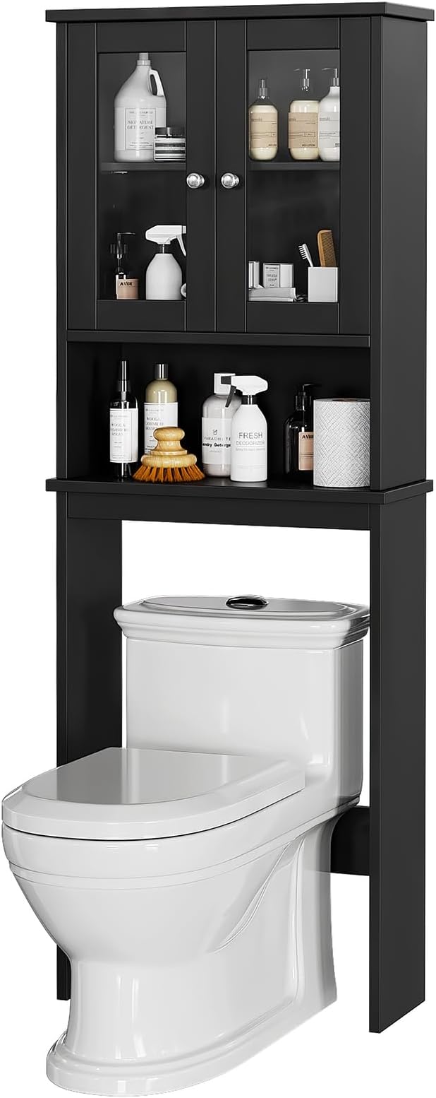 Meilocar Over The Toilet Storage Cabinet for Bathroom, Storage Organizer Over Toilet with Glass Doors, Space Saver for Living Room, Black
