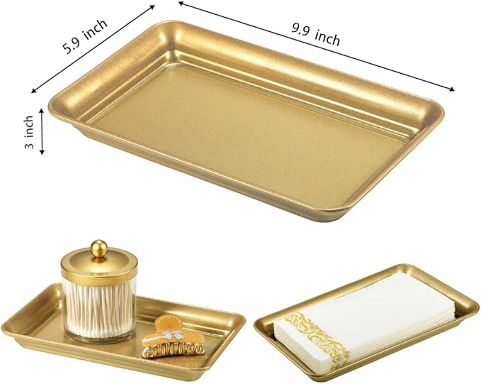 Vintage Farmhouse Decor Metal Vanity Tray(2 Pack),Countertop Guest Hand Towel Storage Organizer Tray Dispenser, Sturdy Holder for Perfume,Cosmetics, Jewelry, Makeup Bathroom Organizer（Gold）