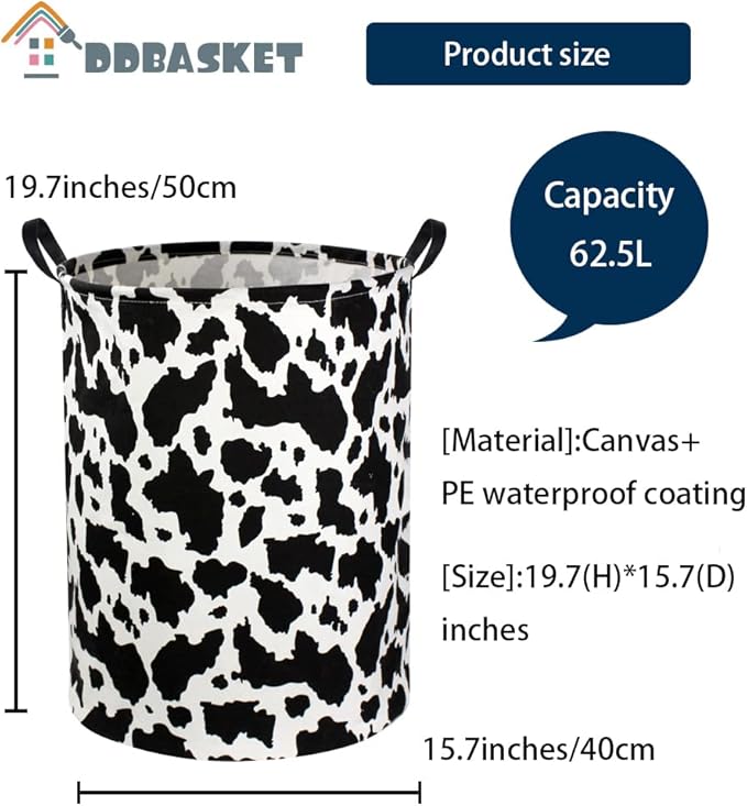 Cow Print Laundry Basket Baby Nursery Clothes Hamper Collapsible Toy Storage Bin Organizer with Handles for Kids,Boys and Girls Room Decor(Cow)