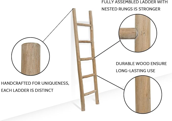 FUIN Fully Assembled 57in Wood Blanket Ladder Living Room Decorative Wall Leaning Farmhouse Quilt Display Holder Rustic Wooden Towel Rack for Bathroom, Brown