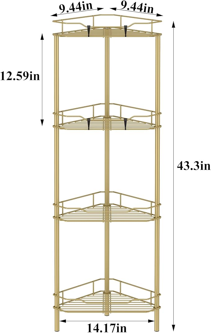4 Tier Floor Standing Corner Shower Caddy Organizer Shelf with Hooks, Bathroom Shelves Stand Rack, Gold