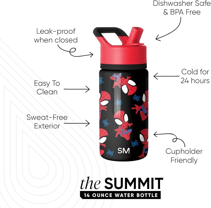 Simple Modern Kids Summit Water Bottle with Straw Lid | Marvel Spidey 14oz Stainless Steel Cup Insulated Tumbler for Boys, School | Go Spidey Go