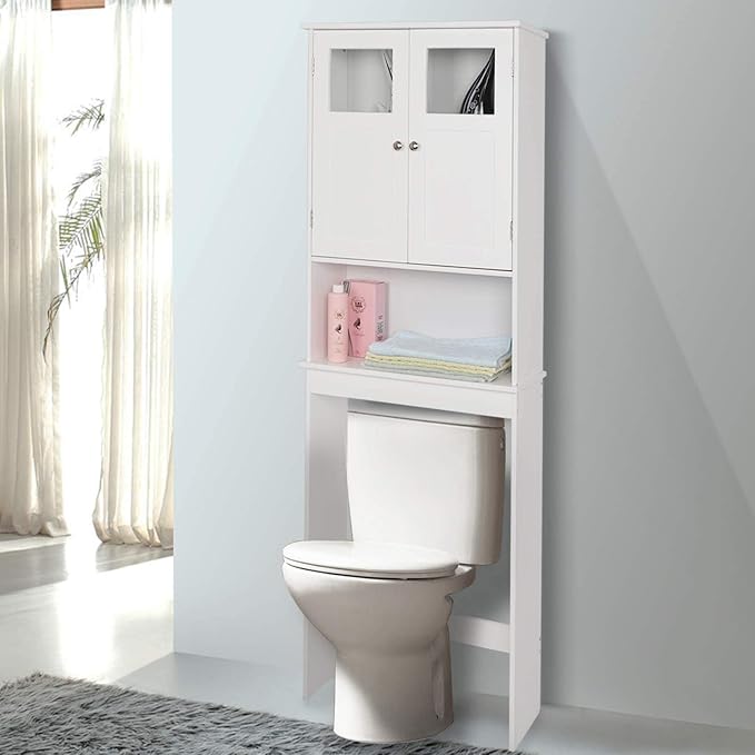 VINGLI Over The Toilet Storage Cabinet White Bathroom Storage Organizer Above The Toilet Shelf with Acrylic Glass Double Doors Wood Muebles para BañO Rack with Adjustable Shelf