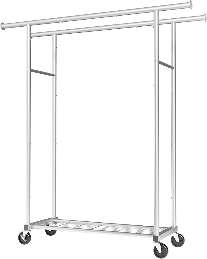 Mobile Double Rod Clothes Rack, Freestanding Garment Organizer with Medium Load Capacity and Bottom Storage Shelf for Home Use,Silver