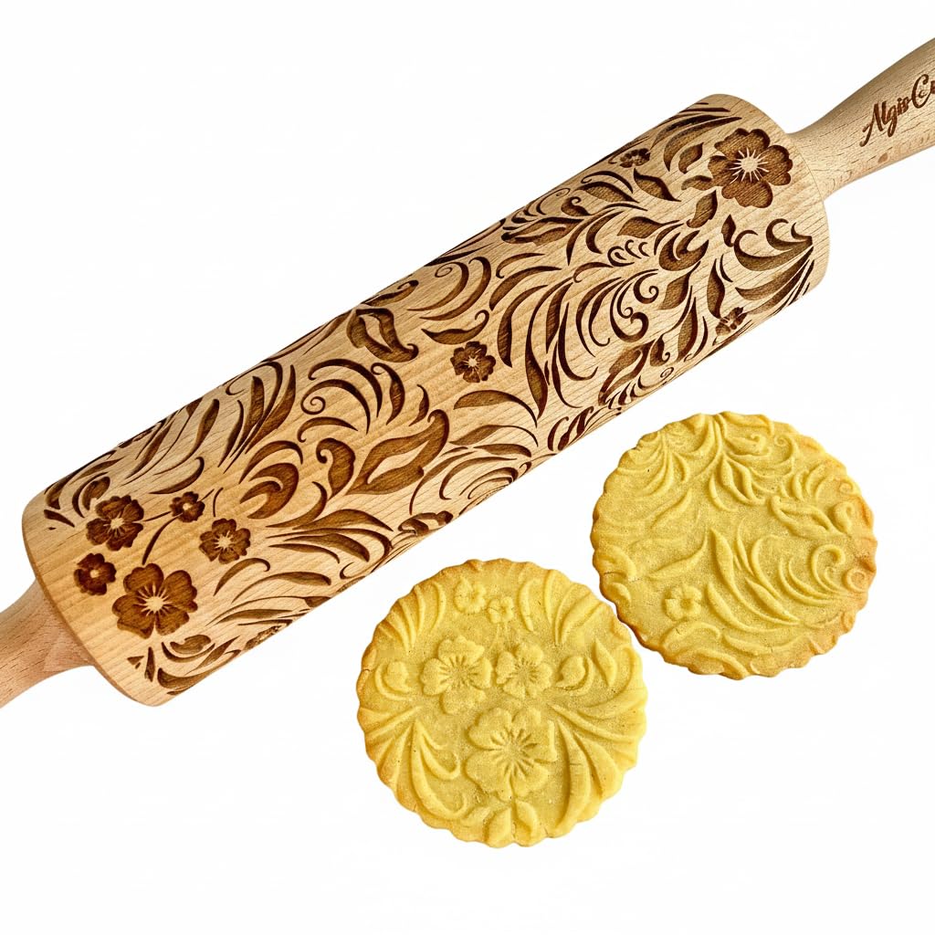 Embossing Rolling Pin GOLDEN DAISIES with Ornamental Bloom Pattern – Dough and Clay Roller for Embossed Cookies and Pottery - Cookie and Ceramic Stamp - Baking Gifts for Women by Algis Crafts