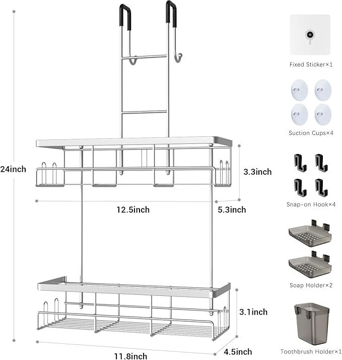 Over the Door Hanging Shower Caddy: Rustproof Hanging Organizer over the Door - No Drilling Bathroom Rack for Inside Shower Chrome