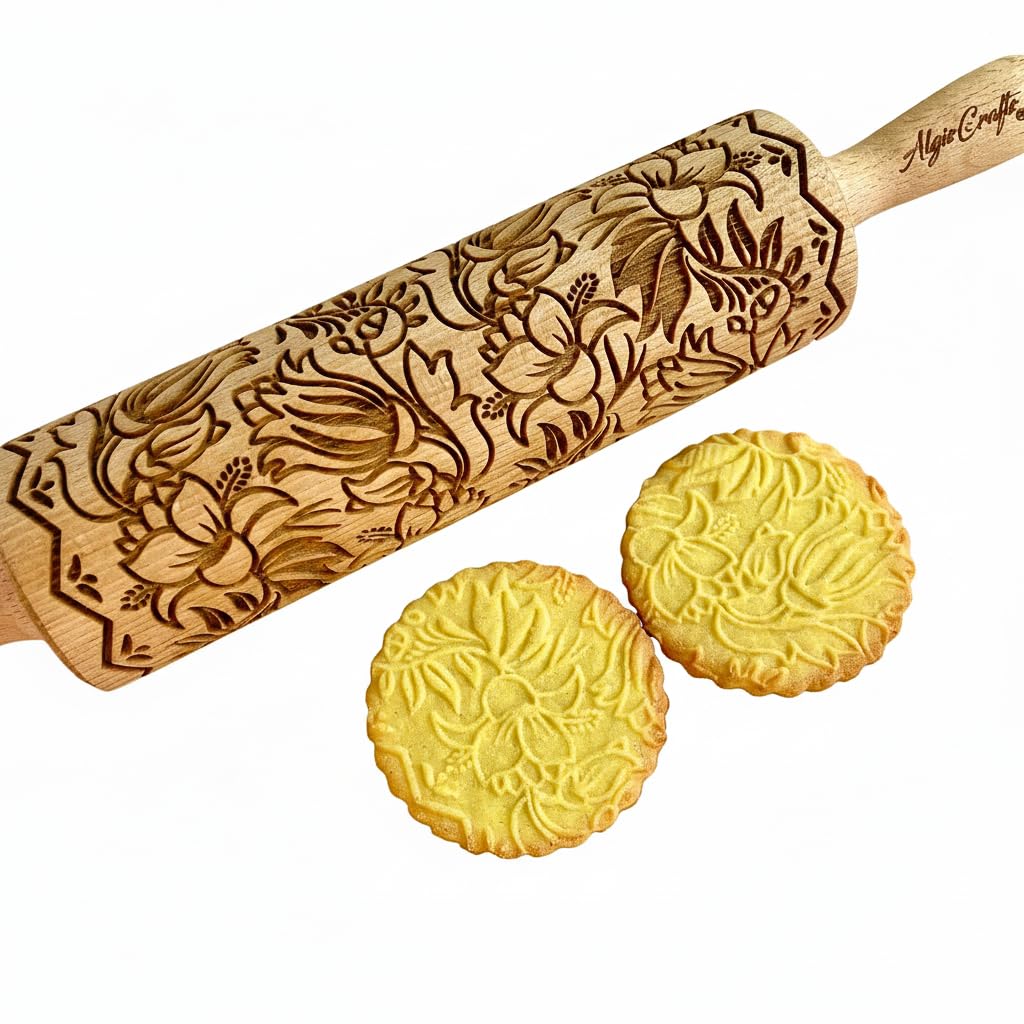 Embossing Rolling Pin GOLDEN DAISIES with Ornamental Bloom Pattern – Dough and Clay Roller for Embossed Cookies and Pottery - Cookie and Ceramic Stamp - Baking Gifts for Women by Algis Crafts