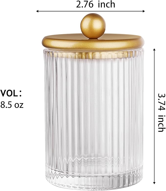 SheeChung 4-Pack Gold Ribbed Glass Qtip Holder - Apothecary Jars Bathroom Organizer Set with Lids - Vanity Storage Canisters for Cotton Balls, Pads, Swabs, Floss Picks - Modern Farmhouse
