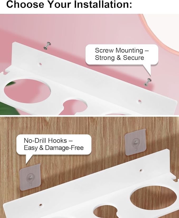 Hair Tool Organizer, Hair Dryer Holder with Heatproof Steel Cups, Acrylic Vanity Organizer for Curling Iron, Flat Iron & Hair Brushes, Perfect for Bathroom (White, Compact)