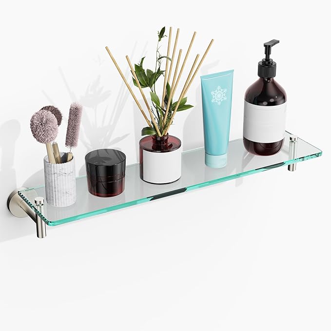 Glass Shelves for Bathroom,16-Inch Brushed Nickel Floating Bathroom Shelf Stainless Steel Tempered Glass Shelf Modern Shelves Wall Mounted
