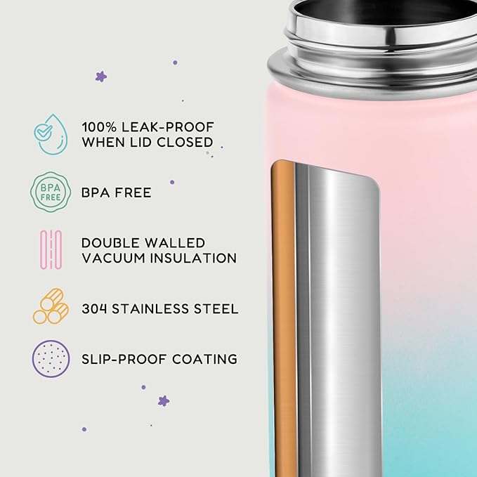 12oz Water Bottle for School, Water Bottles with Straws, Insulated Water Bottles, Stainless Steel Vacuum Insulated Bottle, Leak-Proof, BPA-Free, Aurora + Bubble Gum