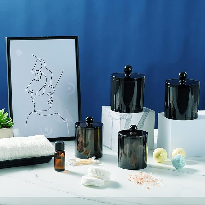 SheeChung 6 Pack Qtip Holder,Black Qtip Dispenser Apothecary Jars with Lids for Cotton Swabs,Balls,Pads,12oz & 10oz Acrylic Bathroom Organizer Set - Shatterproof Minimalist Clear Storage Canisters