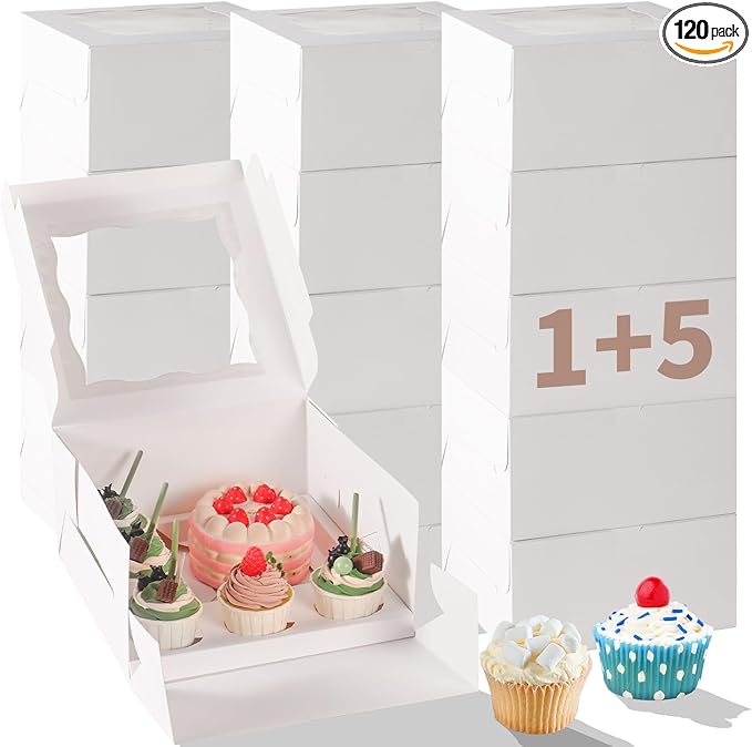 PFAMKEER Bento Cake Box With Cupcakes, Clear Window 5 Holes Bento Combination,6 Sets: Cookie Boxes Fit 4 Regular Cupcake and Mini Cakes, Christmas Wedding Birthday Party (White/clear, 1+4/6pcs)