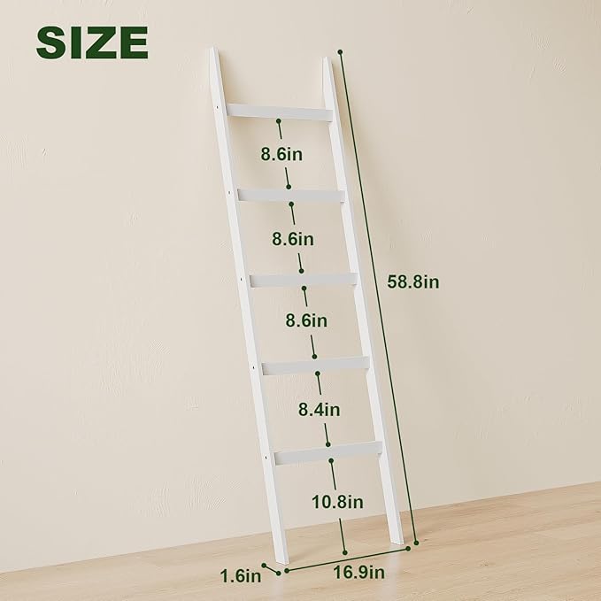 Blanket Ladder Towel Racks For Bathroom 5 Layers Towel Holder 100% Bamboo Wood Sturdy Construction No Need Wall Drilling Quilt Scarf Storage Solution Decorative Leaning Shelf for Living Room (White)