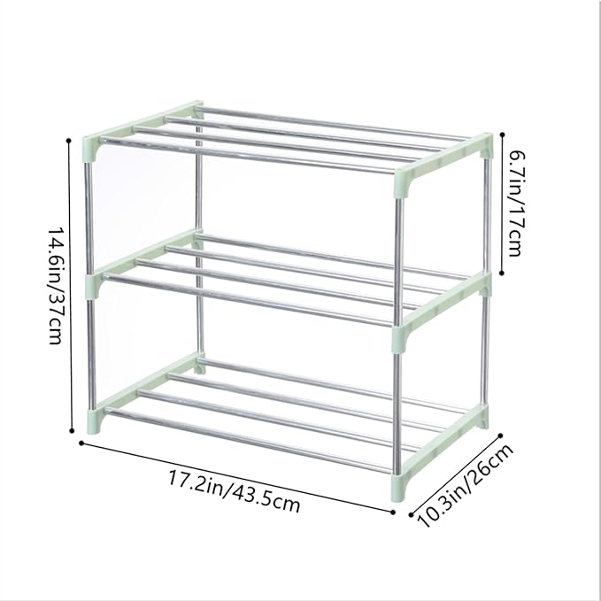 Stackable Small Shoe Rack, Entryway, Hallway and Closet Space Saving Storage and Organization (3-Tier, Green)