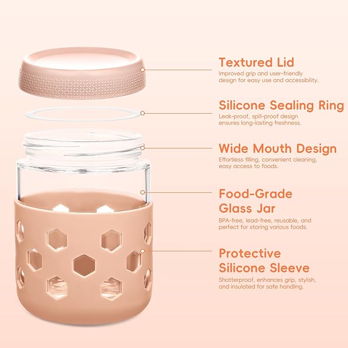 Gemice 6-Pack 16oz Glass Mason Jars with Silicone Sleeves, Airtight BPA-Free Overnight Oats Containers with Lids, Dishwasher Safe Leak-Proof Meal Prep Jars for Chia Pudding, Yogurt, Snacks