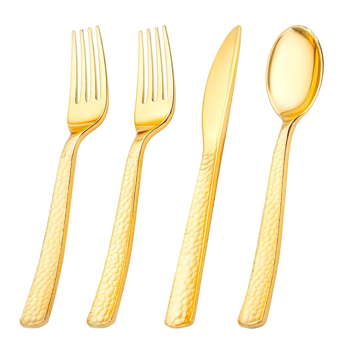 KIRE 400PCS Gold Plastic Silverware - Extra Heavy Duty Hammered Silverware Disposable Set, Gold Utensils Set Include 200 Forks,100 Knives,100 Spoons for Party/Wedding/Father's Day