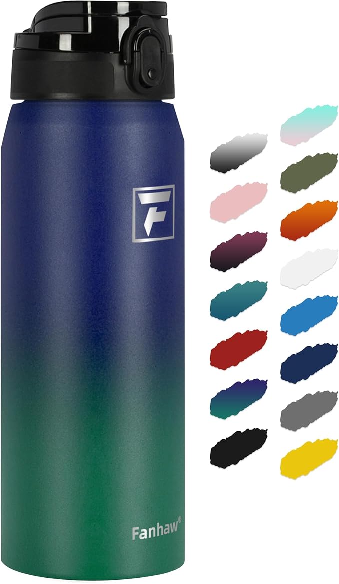 Fanhaw 24 oz Insulated Stainless Steel Water Bottle with Anti-Dust Chug Lid, Leakproof Vacuum Metal Bottle for Kids, Women & Men (Purple Green)