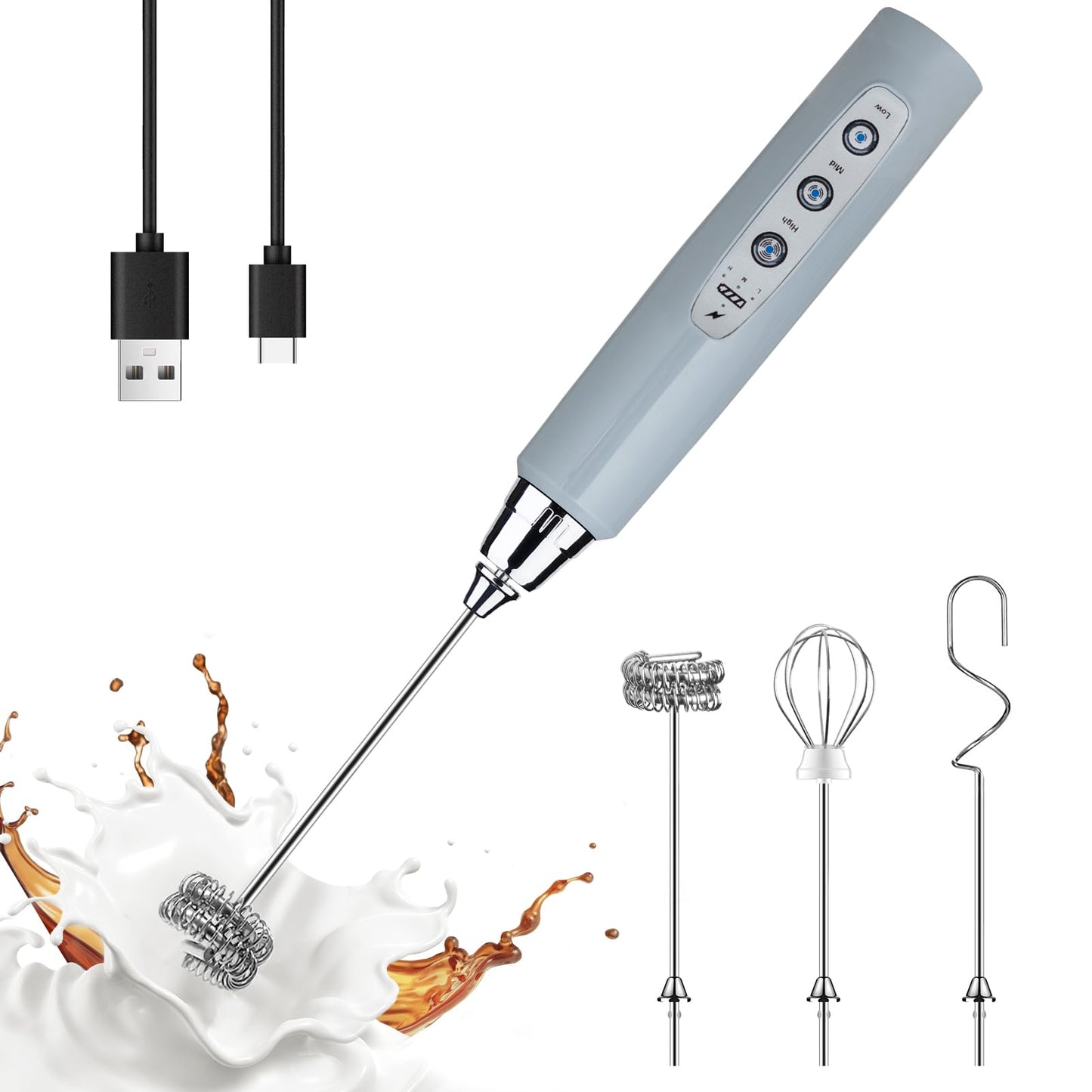 YUSWKO Handheld Milk Frother Wand for Coffee, Rechargeable Electric Whisk with 3 Heads 3 Speeds Drink Mixer Coffee Frother For Latte, Cappuccino, Hot Chocolate, Egg, Beige