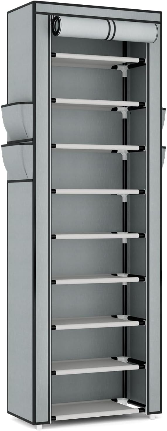 Shoe Rack with Cover Narrow Shoe Rack Organizer with 4 Side Pockets 10 Tier Tall Shoe Storage Shoe Shelf Holds 18-22 Pairs Shoes and Boots Shoe Rack for Closet, Grey