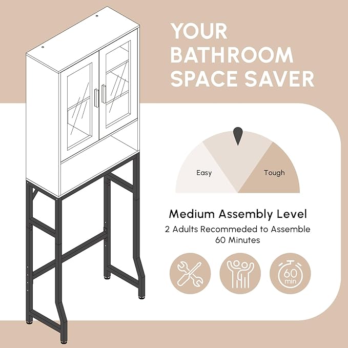 USHOWER Over The Toilet Storage Cabinet, Bathroom Organizer with Tempered Glass Doors, Thicken Metal Stand & MDF Wood, Freestanding Space Saver, White