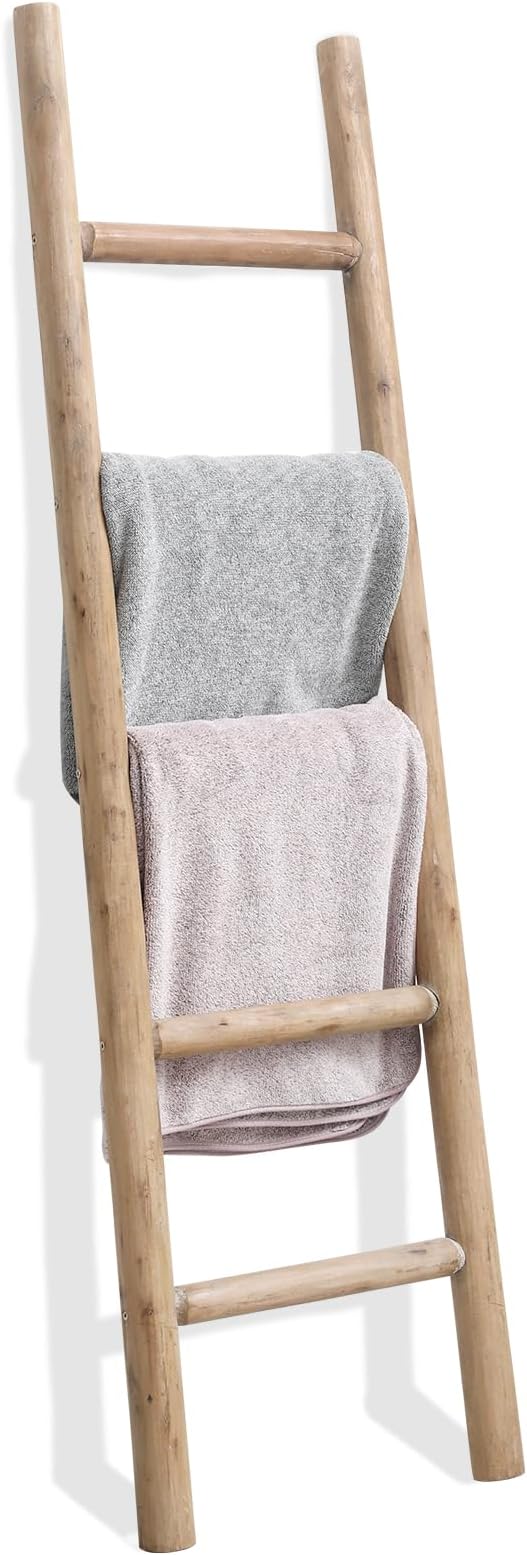 FUIN 57in Wood Blanket Ladder Living Room Decorative Wall Leaning Farmhouse Quilt Display Holder Rustic Wooden Towel Rack for Bathroom, Brown