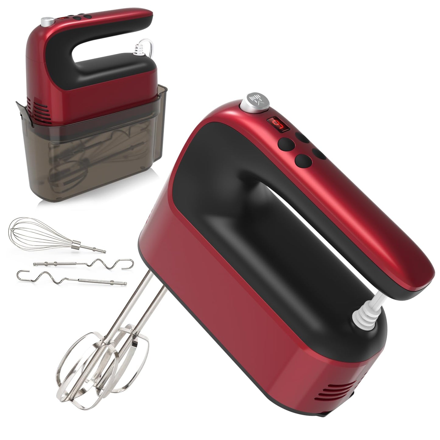 Yomelo 9-Speed Digital Hand Mixer Electric, 400W Powerful DC Motor, Hand Mixer Electric Handheld with Snap-On Storage Case, 5 Stainless Steel Accessories, Beaters, Dough Hooks, Whisk(White/Black)