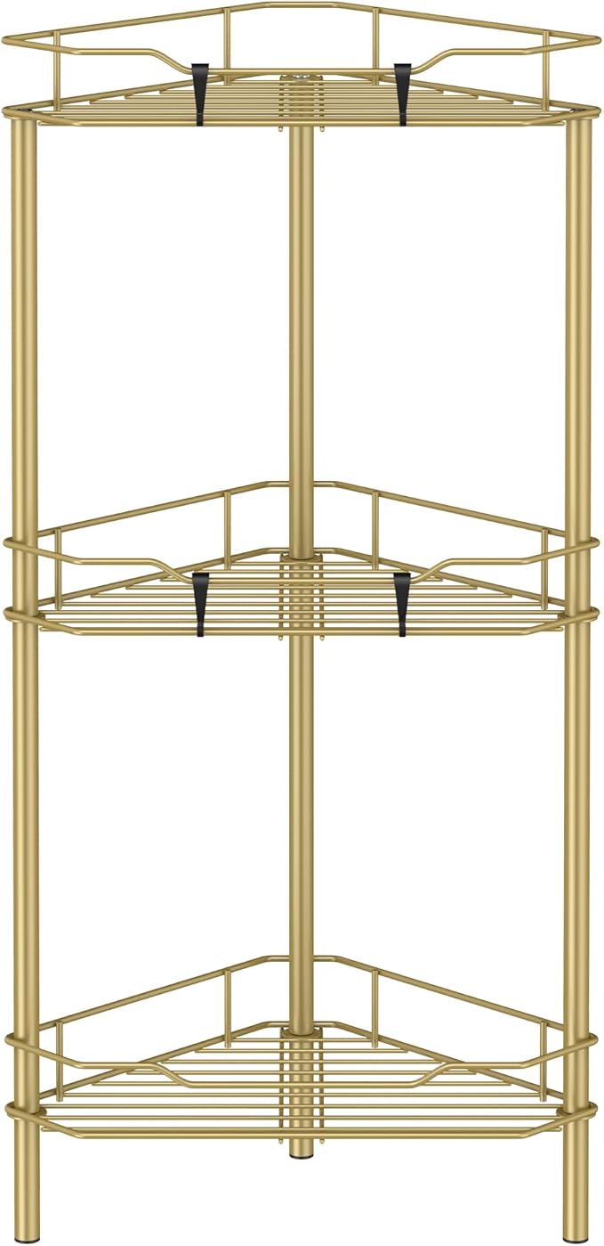3 Tier Floor Standing Corner Shower Caddy Organizer Shelf with Hooks, Bathroom Shelves Stand Rack, Gold