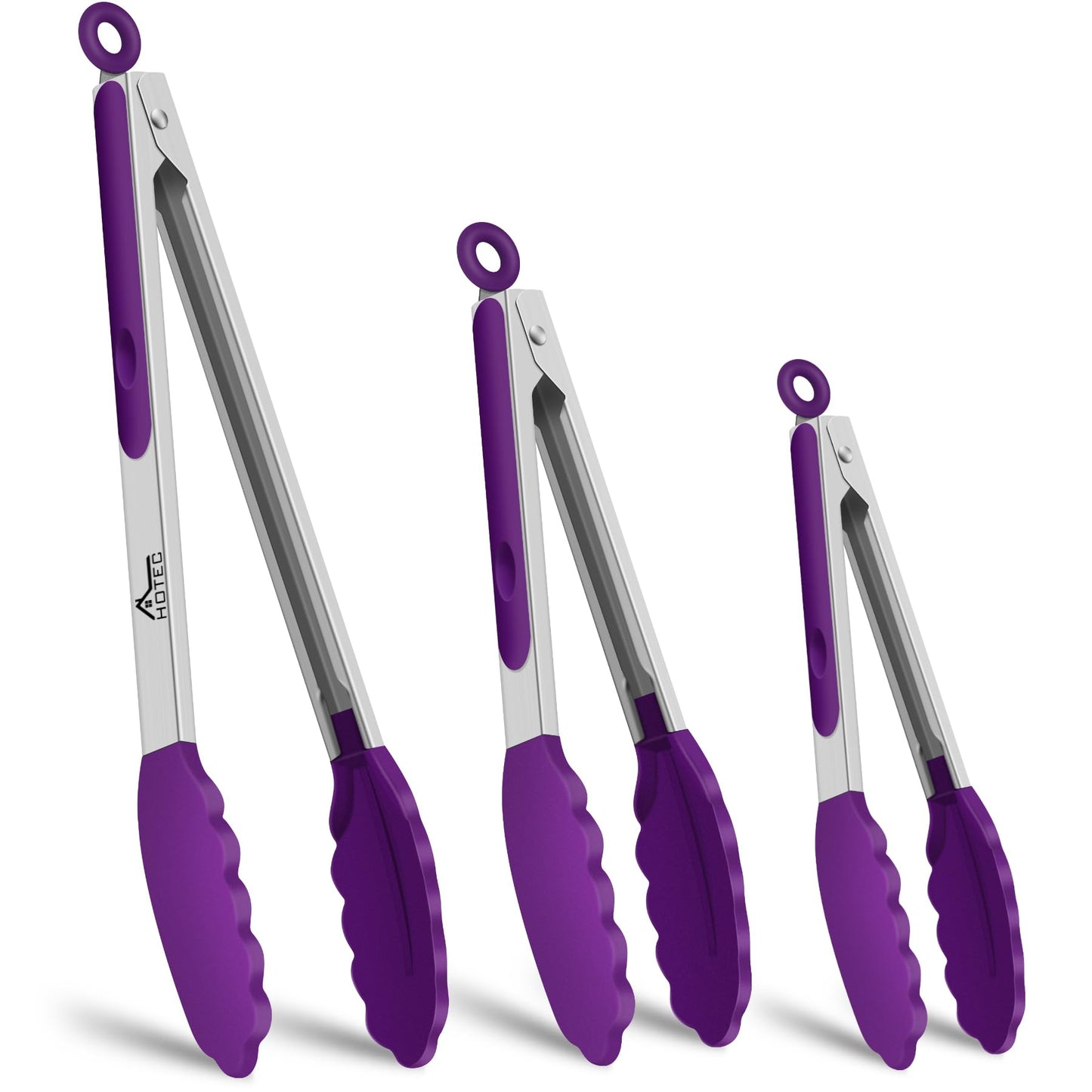 HOTEC Premium Stainless Steel Locking Kitchen Tongs with Silicon Tips, Set of 3-7", 9" and 12" (Purple)