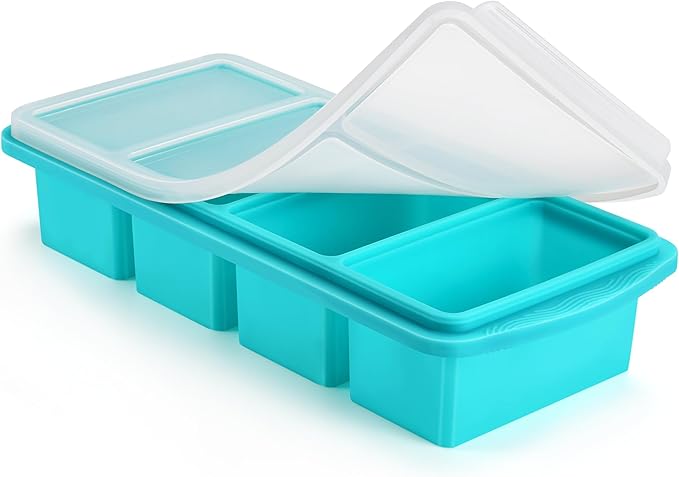 Silicone Freezer Tray with Lid - 1 Cup Silicone Food Freezers Tray - Large Ice Cube Freezer Molds - Soup, Sauce, leftovers, Homemade Meal Prep Freezing Kitchen Storage Containers - Aqua - 4-Pack