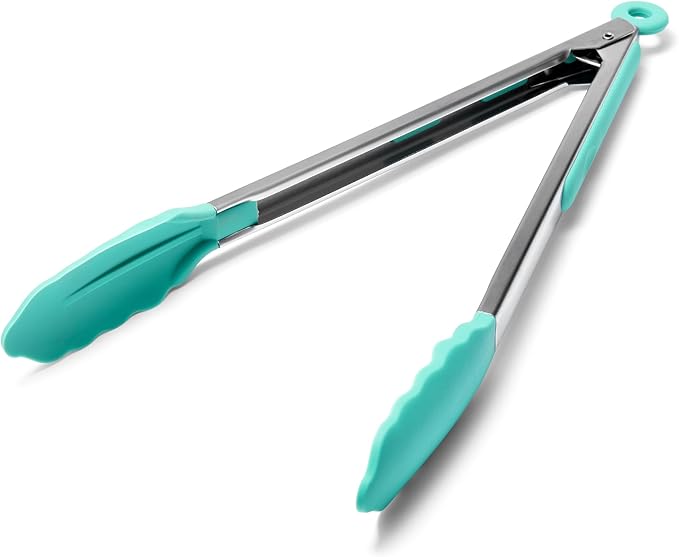 Doosu Kitchen Tongs with Silicone Tips for Cooking Serving (16in, Aqua Sky)