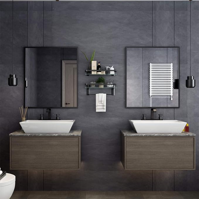VOLPONE Bathroom Glass Shelf with Towel Bar Black Bathroom Shelf Wall Mount Rustproof Bathroom Wall Organizer Towel Rails1 Tier (Black)