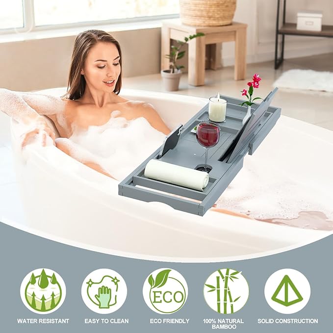 Premium Bathtub Caddy Tray - Bath Tray - Bath Tub Tray Table for Bathtub - Bath Caddy Tray for Bathtub, Expandable Size, Fits Most Bath Tubs - Grey