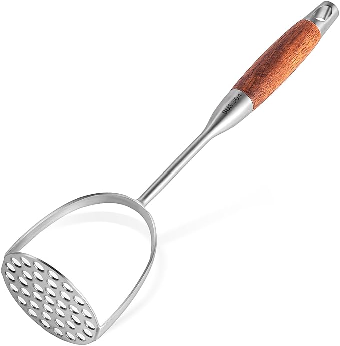 Potato Masher Stainless Steel,Wooden handle Potatoes Smasher, Manual Mashed Potato Masher Kitchen Tool for Avocado,Potatoes, Vegetables, 13.5Inch Long handle Large Heavy Duty Metal Mashing Utensil