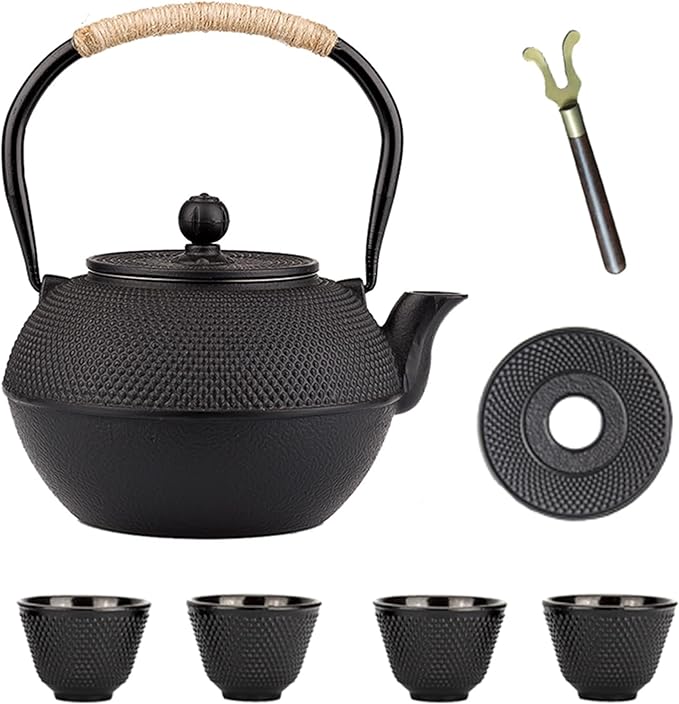 YJX 40.6oz Black Cast Iron Tea Pot Set with Teacups, Japanese Tetsubin