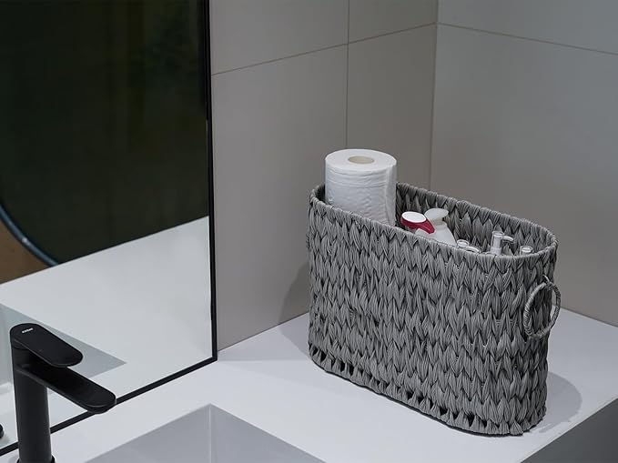 Toilet Paper Storage,Narrow Toilet Paper Basket for Bathroom,Large Toilet Paper Organizer for 6 Mega Rolls,Waterproof Wicker Bathroom Storage Basket,Free Standing,Grey