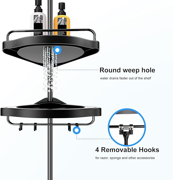 HAMITOR Corner Shower Caddy Tension Pole: Adjustable Stainless Steel Shower Organizer 4 Tier Shelf for Bathroom Bathtub Shampoo - Floor Standing Rack Bath Storage Holder with Rust Proof Rods - Black