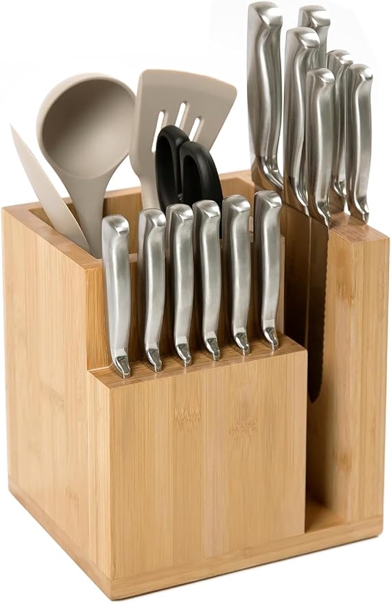 KitchenEdge Magnetic Knife Block & Utensil Holder, Acacia