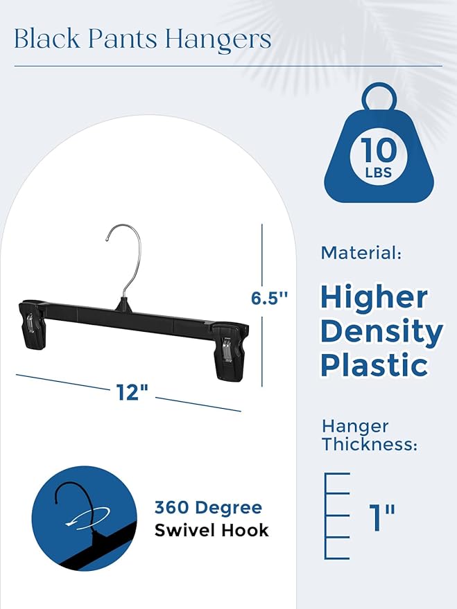 Smartor Space Saving Heavy Duty Hangers - 180 Pack, Slim Plastic Pants and Shorts Hangers, Ridged Non-Slip with Pinch Clips, 360-Rotating Chrome Swivel Hook, Black, 12 Inches