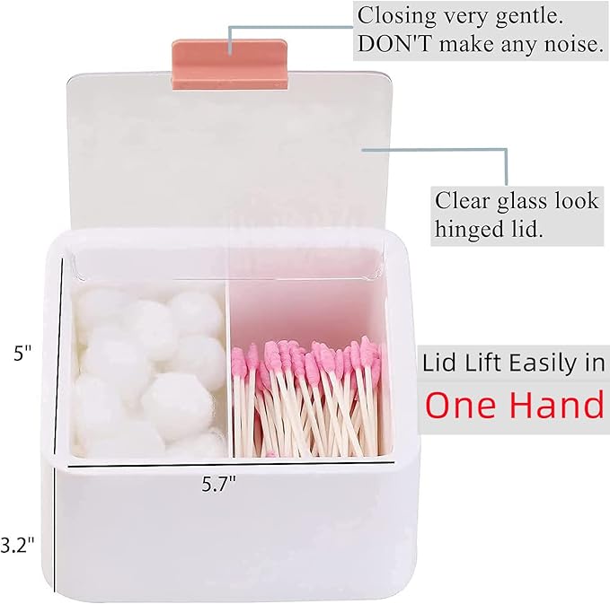 Tecbeauty 2pcs Qtips Holder - Middle Divider Cotton Pads Storage Dispenser Bathroom Organizer with Clear Hinged Lids for Cotton Balls Swabs Rounds-White & Pink