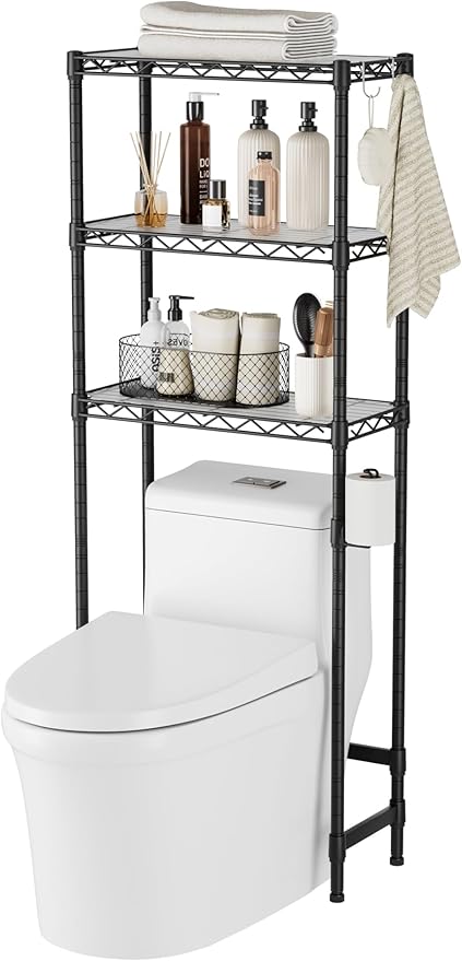 SINGAYE Over The Toilet Storage Shelf：3-Tier Bathroom Organizer and Storage Shelf with Adjustable Shelf and Basket Freestanding Space Saver Above Toilet for Room Black
