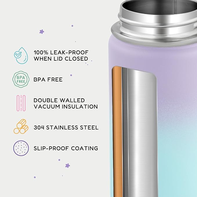 12oz Kids Water Bottle for School, Toddler Water Bottles with Straws, Insulated Water Bottles for Boys&Girls, Stainless Steel Vacuum Insulated Bottle for Kids, Leak-Proof, BPA-Free, Magic Forest